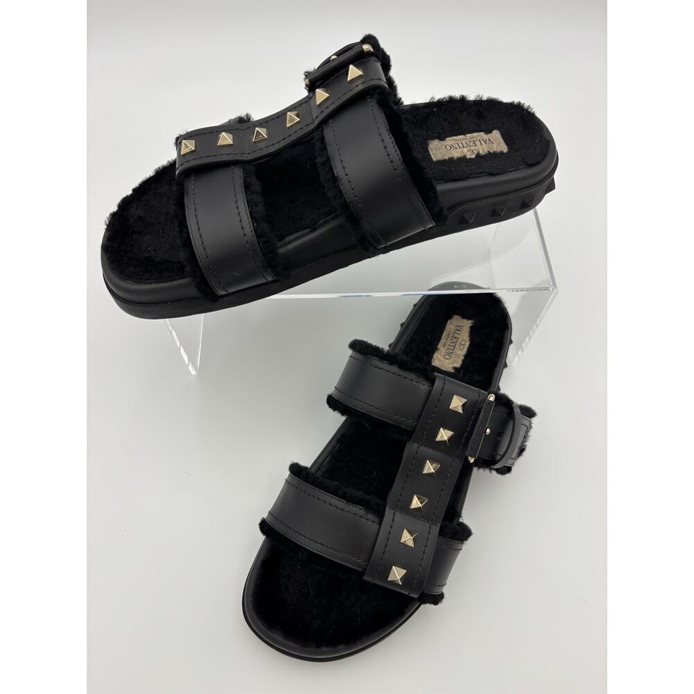 Authentic Valentino Rockstud Fur Lined Slides Dad Sandals Black Leather Size 38